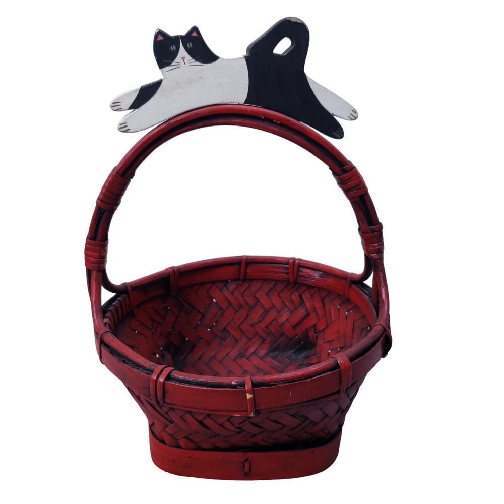 Collectible‎ Red Reed Woven Wicker Basket Black & White Cat Design Home Decor